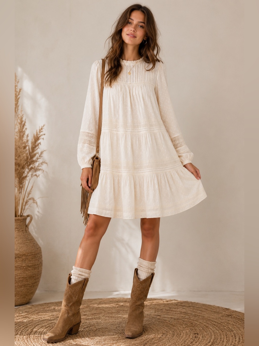 Old Navy Cottagecore Boho Cotton Tiered Mini Dress Pintuck Lace Trim M paire